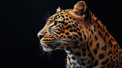 Obraz premium majestic leopard portrait on black background powerful wildlife photography with copy space on the right side