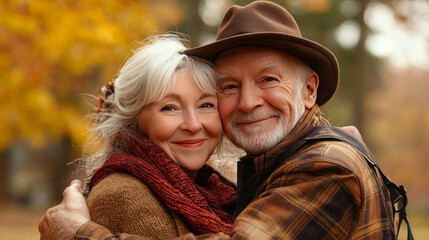Fototapeta premium A happy senior couple embracing in a fall setting.