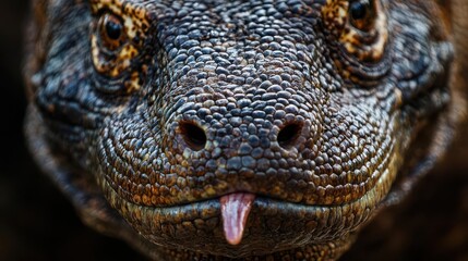 A striking close-up image of a Komodo Dragon, highlighting the intricate details of its rough, scaly skin and sharp, glistening eyes