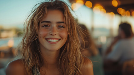 Obraz premium A young woman with long blonde hair smiles brightly with her friends in the background.