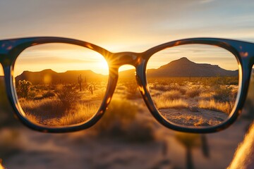 A person looks through chic glasses at a desert landscape during golden hour.