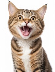 Fototapeta premium Cat face showing shock, open mouth, wide-eyed expression, isolated on white background