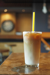 iced late in a transparent glass on cafe table 