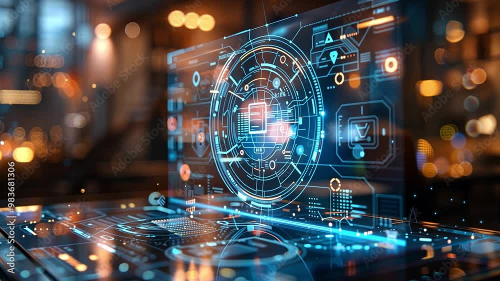 Fototapete A sleek digital dashboard showcases real-time data analytics in an advanced workspace, highlighting holographic displays against a backdrop of soft ambient lighting.