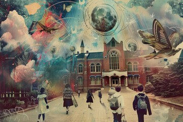 Fototapeta premium Surreal school journey: children walking towards a fantasy universe AI