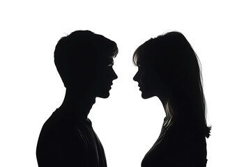 Silhouette of a young man and woman talking to each other, isolated on a white background