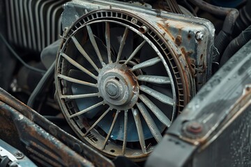 Closeup of the engine of an old car with a rusty radiator