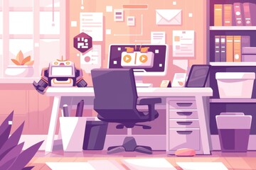 Robot assistant helping users with various tasks. Robot in playful and friendly manner, with floating icons representing emails, documents, and messages around it.. AI