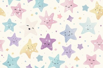 Cute starry night-themed seamless pattern with pastel smiling stars for children's design. AI