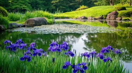 Japanese Garden with Purple Irises