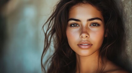 Obraz premium A close-up portrait of a young woman with long brown hair, looking directly at the camera. She has brown eyes, freckles and is wearing makeup.