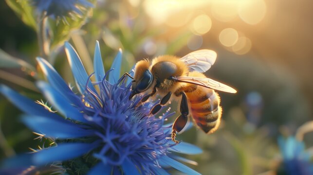 Close-Up Photograph of a Honeybee on a Vibrant Blue Flower in Golden Sunlight