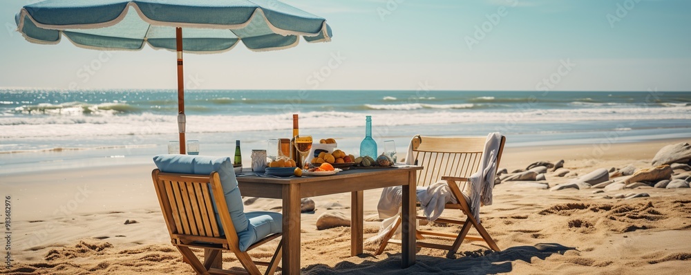 Sticker beach picnic with blue umbrella