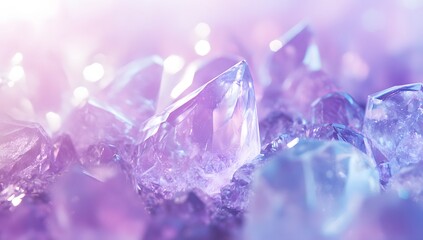 Amethyst crystals in space, with blue and purple colors, glowing light effects,