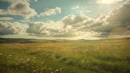 Tranquil Summer Landscape with Rolling Clouds and Lush Green Fields