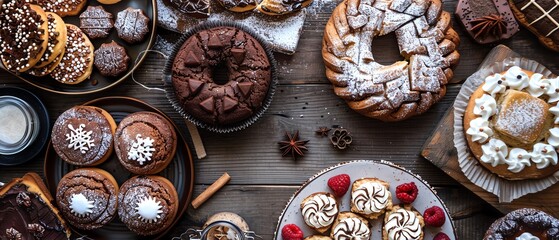 Fototapeta premium Assorted delicious pastries and desserts on rustic wooden table. Various baked goods perfect for a bakery, cafe, or culinary presentation.