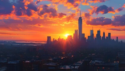 vibrant sunset casting golden hues over a stunning city skyline, with silhouettes of buildings against a colorful sky