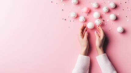 Female hands arranging white decorative balls on a pink background, minimalistic flat lay composition with scattered confetti.