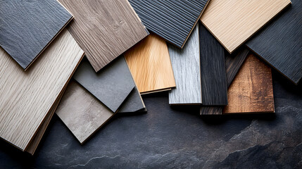Fototapeta premium assortment of laminate and vinyl flooring samples, highlighting the range of textures and finishes