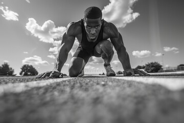 Determined athlete in starting position on outdoor track under dramatic sky. AI
