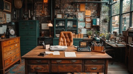Cozy office space with a vintage desk and warm decor.
