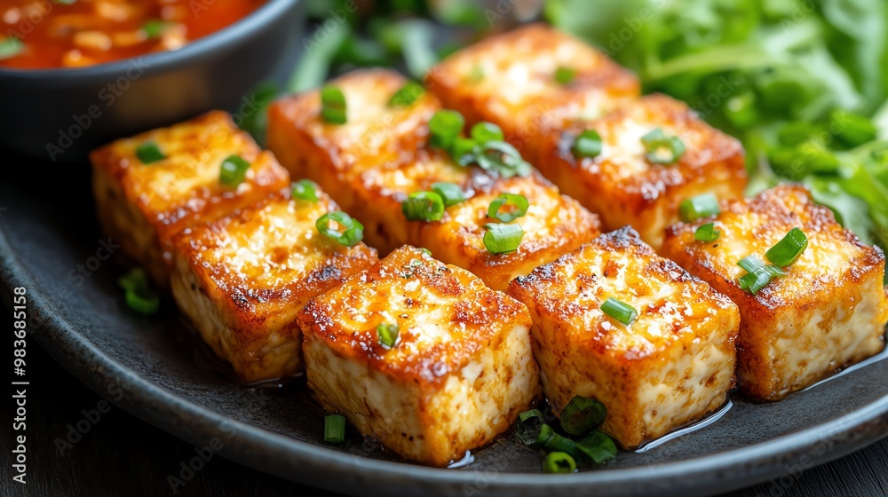 Wall mural Close-up of grilled tofu cubes with sauce and garnish on a plate.