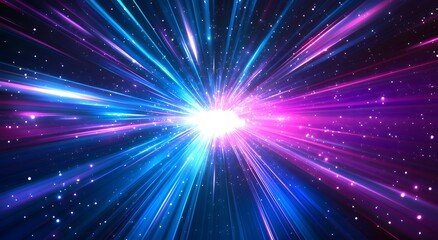 Naklejka premium A background of neon light rays in blue and purple colors with an explosion effect on black,