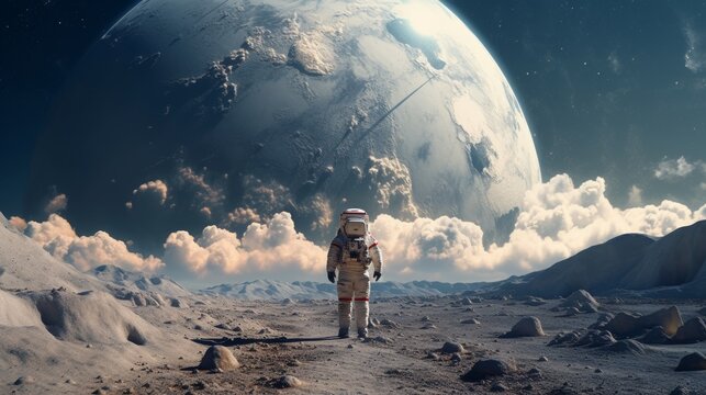 A man in a spacesuit stands on a rocky surface in front of a large planet