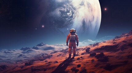 A man in an orange spacesuit stands on a rocky planet