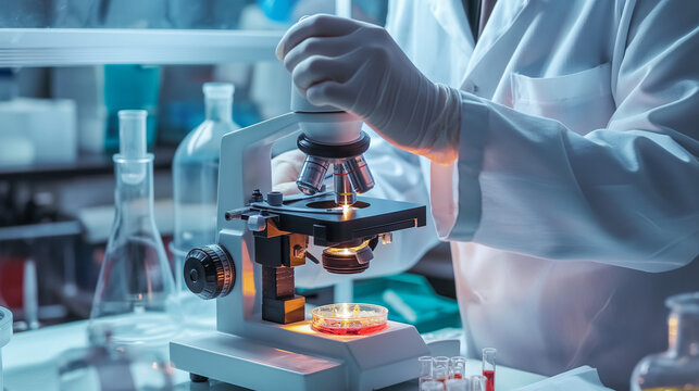 Scientist in lab coat examining microscope with bacteria samples in petri dish, symbolizing disease investigation and medical research.