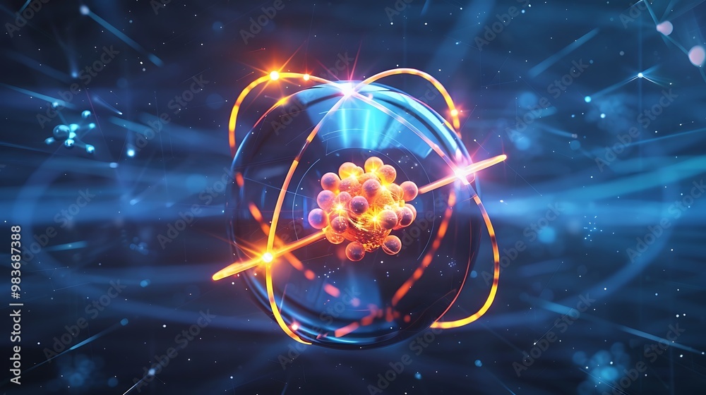 Poster abstract 3d rendering of an atom, showcasing its nucleus and orbiting electrons. the image embodies 