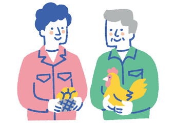Man in work clothes holding eggs and chickens_Color