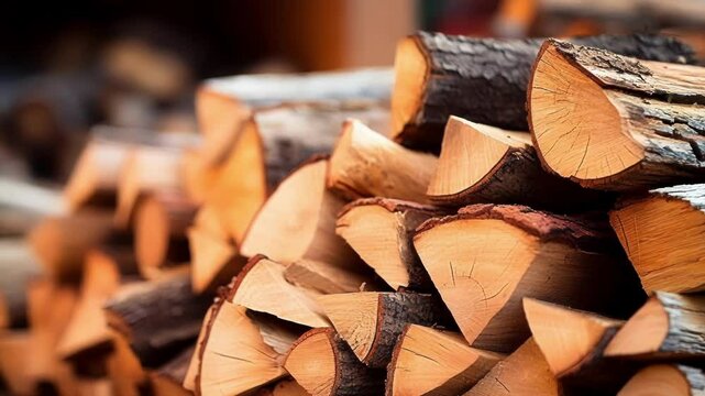 Neatly stacked firewood creates a cozy winter vibe, perfect for christmas. The natural wood texture adds a rustic touch, highlighting the importance of sustainable energy and forestry