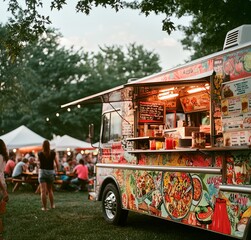 Classic Food Truck with Summer Festival Goers