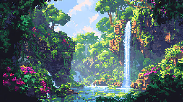A vibrant pixel art landscape depicting a lush jungle, reminiscent of classic platformers, with hidden temples and waterfalls , high resolution dslr. Pixel Art. Illustration