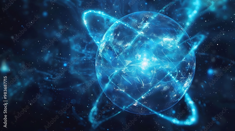 Poster abstract representation of a global network with a glowing orb representing the world.