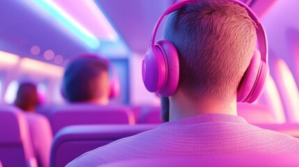 Airplane cabin with passengers wearing headphones, immersed in their music