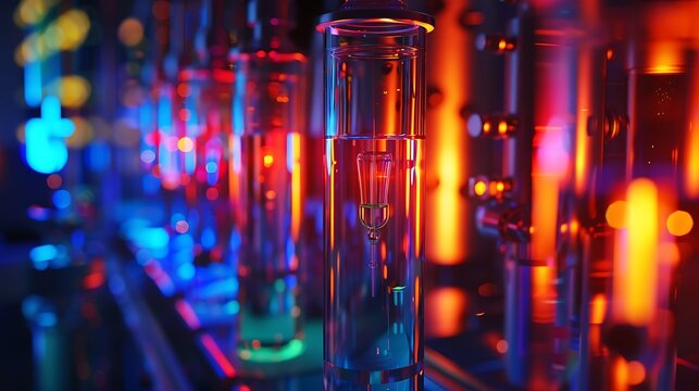 Close-up view of glass tubes with clear liquid in laboratory setting for vibrant abstract image illuminated by colorful lights scientific research concept.