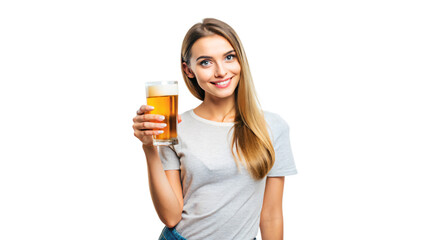 Smiling woman in a t shirt holding a beer