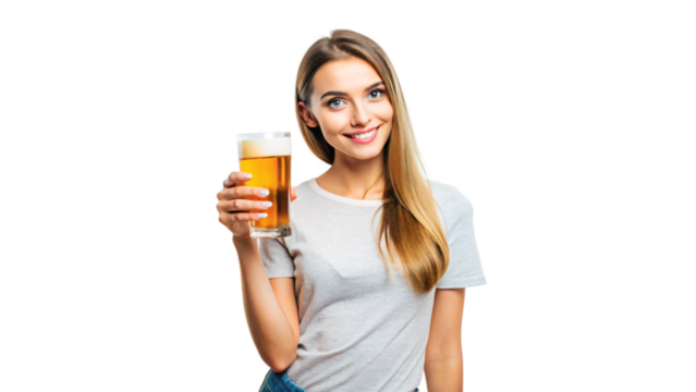 Smiling woman in a t shirt holding a beer