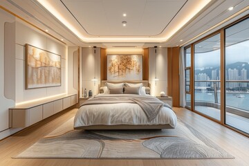 Modern Chinese style bedroom with double bed, sofa, TV cabinet, white coffee table, large glass window, wood grain tiles, and warm lighting for a tranquil, comfortable atmosphere.