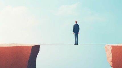 Man standing on a tightrope over a canyon of debt, trying to balance but slipping