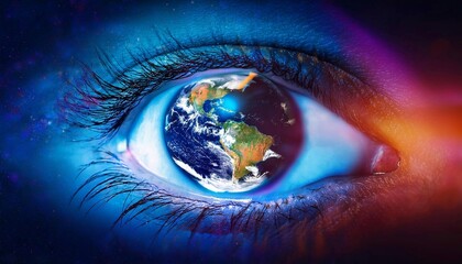 Close-up of eyes with Earth reflected in the center, symbolizing a connection to the planet and a sense of wonder about the world.