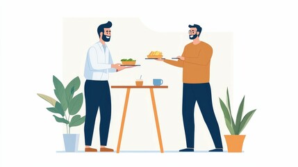 Businessman sharing lunch with a colleague in the break room, casual business discussion