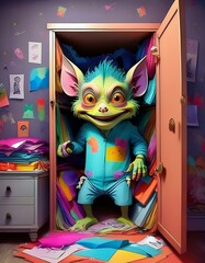 A gremlin hiding in the closet of a bedroom, pop art