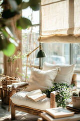 A chair with a green plant on it and a book on it
