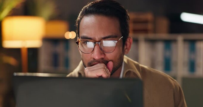 Man, laptop and reading at night in office with ideas, frustrated and check review for movie script. Person, screenwriter and stress by pc for rejection letter from film funding board for project