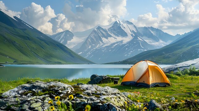 A breathtaking mountain camping scene with a tent in the foreground and towering peaks behind.