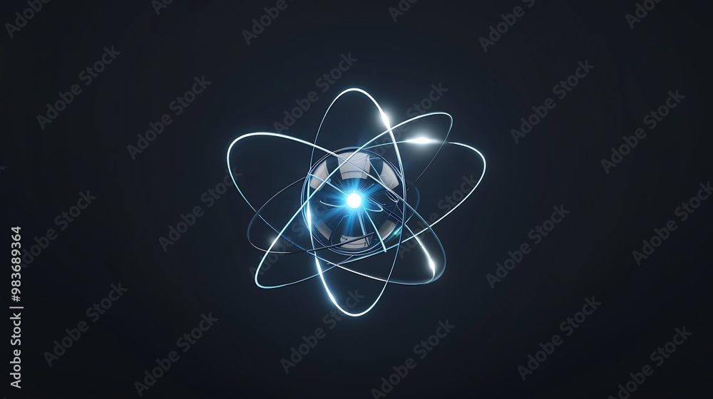 Poster 3d rendering of an atomic structure with a glowing nucleus and orbiting electrons, depicting the ene