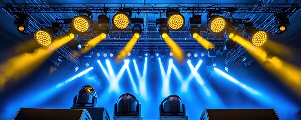 Lighting crew arranging spotlights on a concert stage, energetic preshow setup, vibrant and dynamic, production in progress